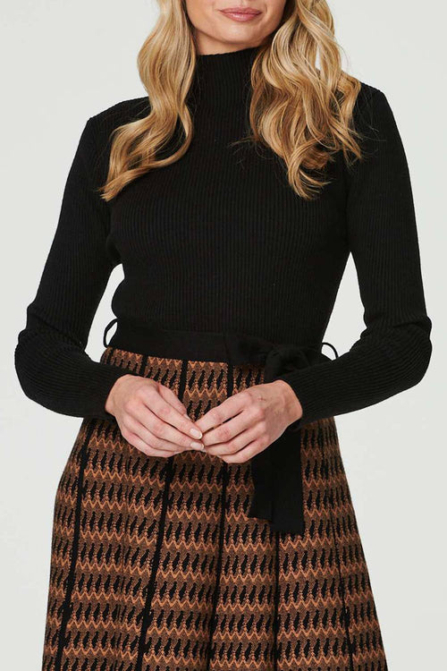 Printed High Neck Knit Knee Length Dress